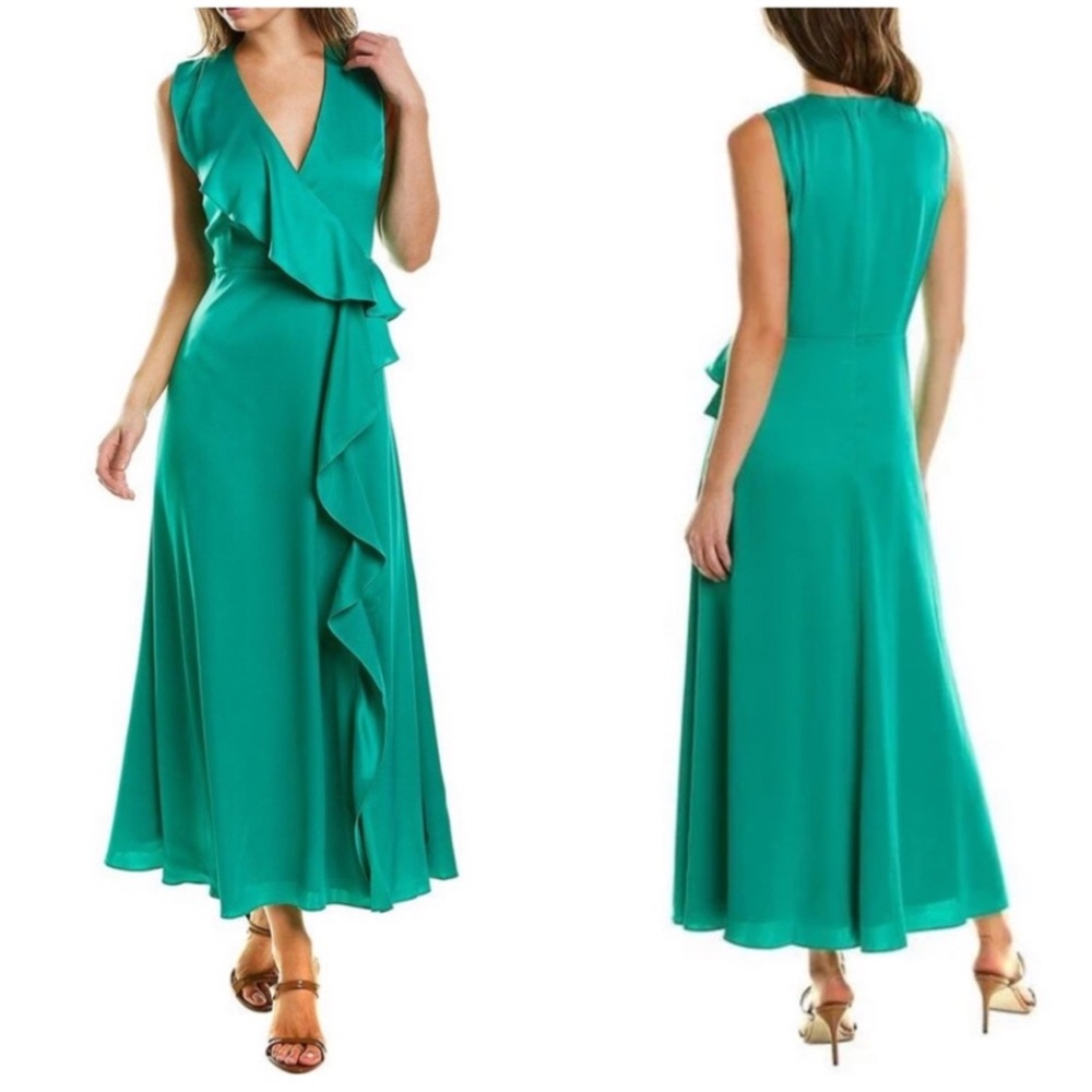 Ted Baker London Florili Green Satin Midi Lined Ruffled Sundress size 1